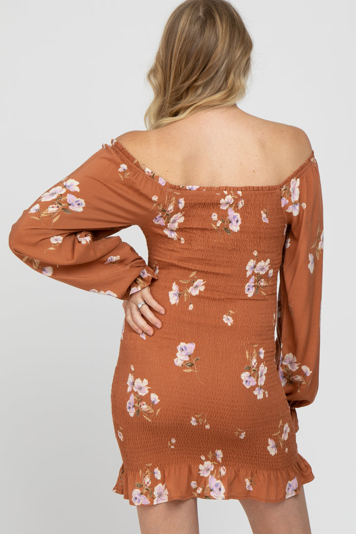 Camel Floral Long Sleeve Smocked Maternity Mini Dress