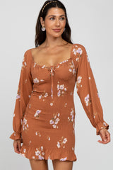 Camel Floral Long Sleeve Smocked Maternity Mini Dress