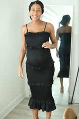 Black Satin Smocked Fitted Maternity Midi Dress