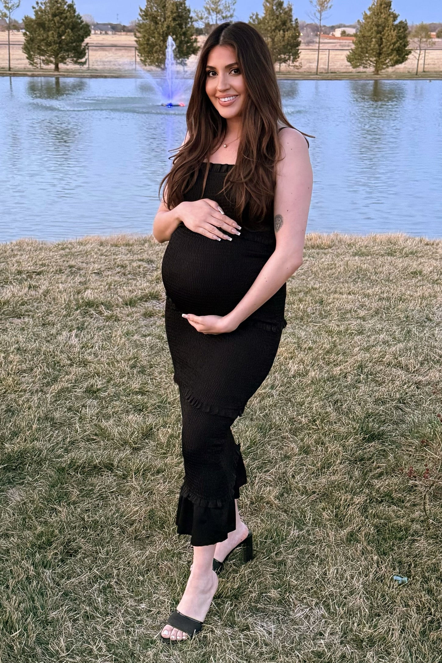 Pinkblush Black Satin Smocked Fitted Maternity Midi Dress Large Pinkblush Black Satin Smocked Fitted Maternity Midi Dress Large