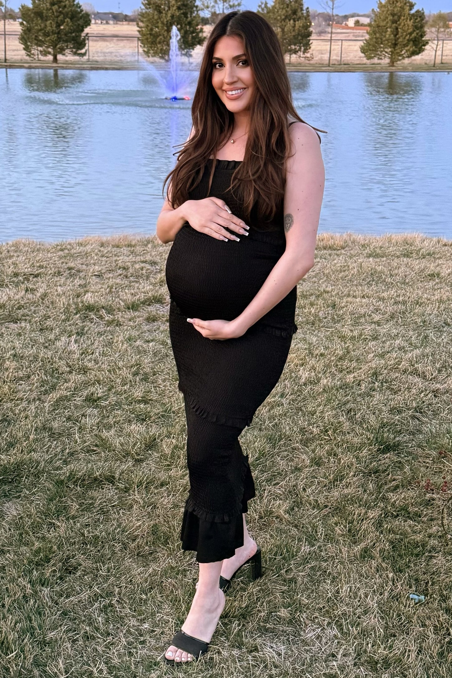 PinkBlush Black Satin Smocked Fitted Maternity Midi Dress Small PinkBlush Black Satin Smocked Fitted Maternity Midi Dress Small