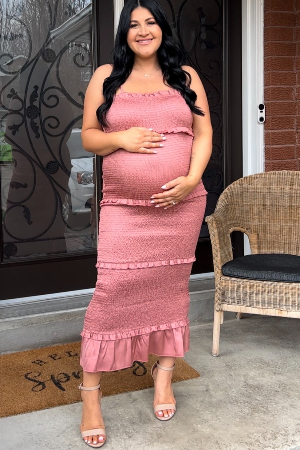 Mauve Satin Smocked Fitted Maternity Midi Dress