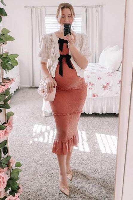 PinkBlush Mauve Satin Smocked Fitted Maternity Midi Dress Medium PinkBlush Mauve Satin Smocked Fitted Maternity Midi Dress Medium