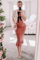 Mauve Satin Smocked Fitted Maternity Midi Dress