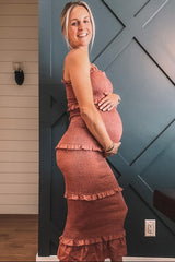 Mauve Satin Smocked Fitted Maternity Midi Dress