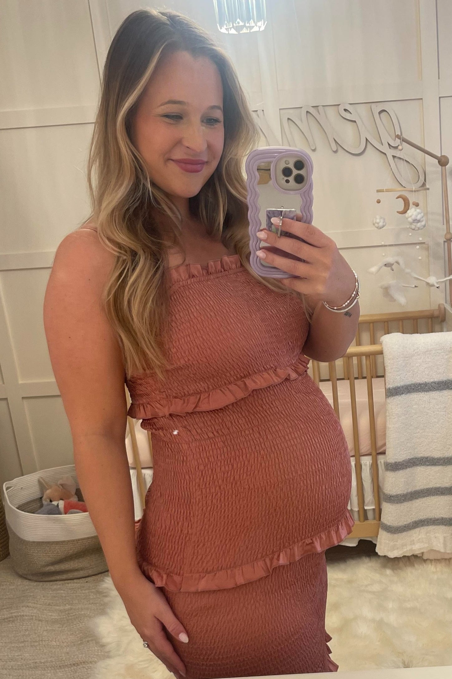 Mauve Satin Smocked Fitted Maternity Midi Dress PinkBlush Mauve Satin Smocked Fitted Maternity Midi Dress PinkBlush