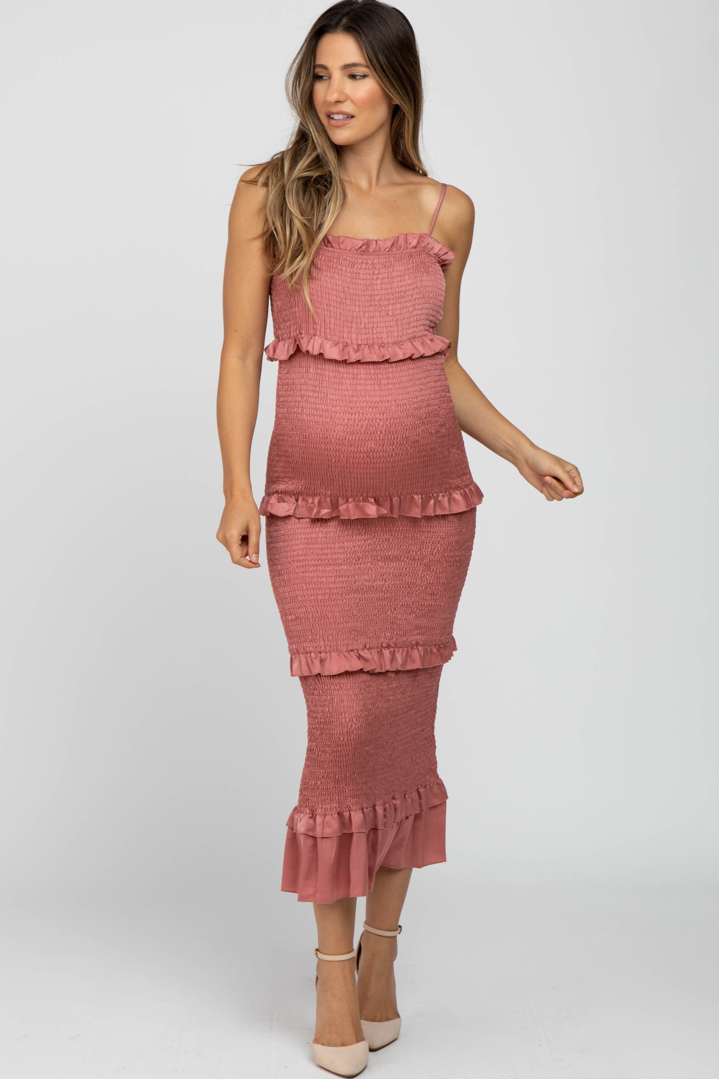 PinkBlush Mauve Satin Smocked Fitted Maternity Midi Dress Medium PinkBlush Mauve Satin Smocked Fitted Maternity Midi Dress Medium