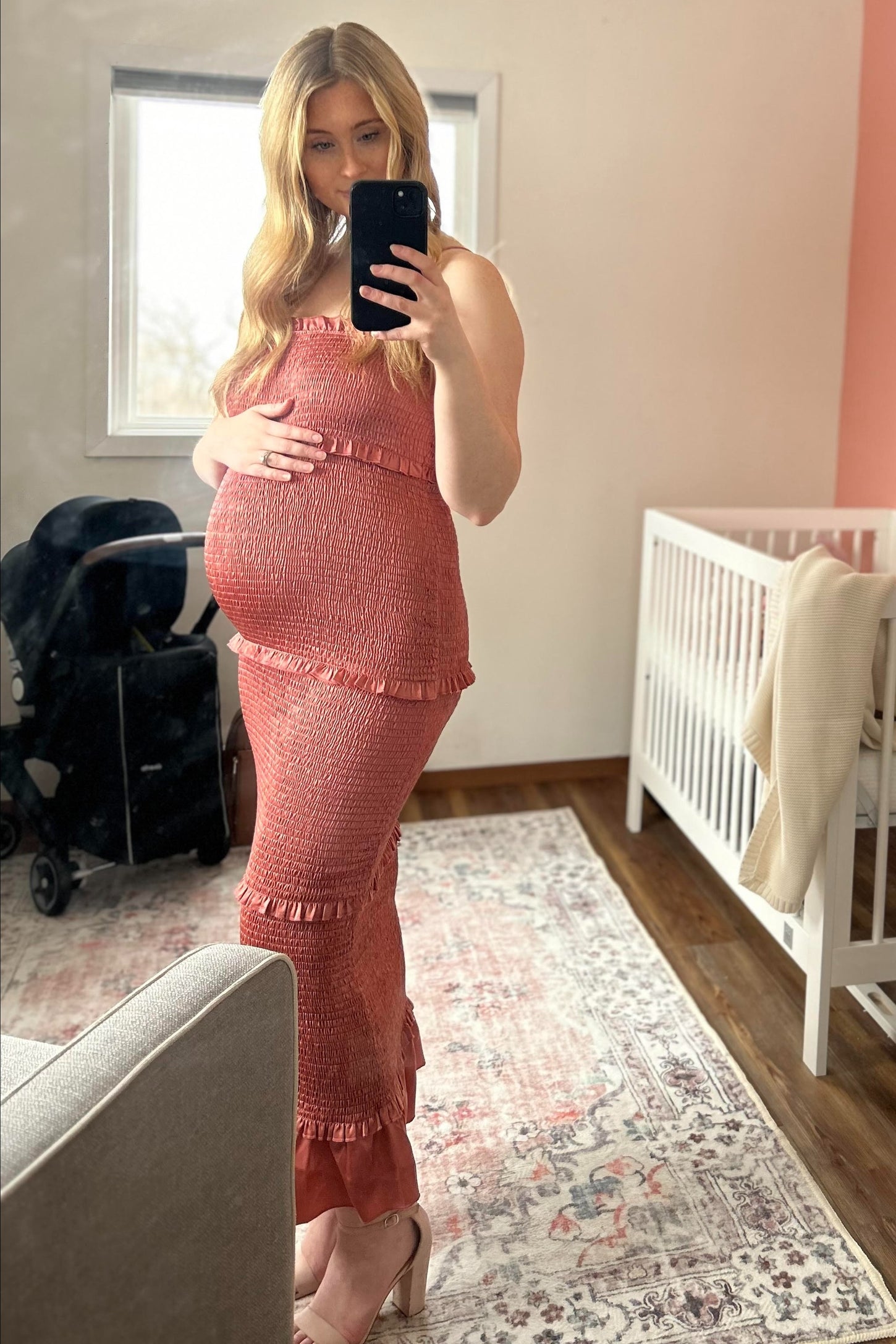 Mauve Satin Smocked Fitted Maternity Midi Dress