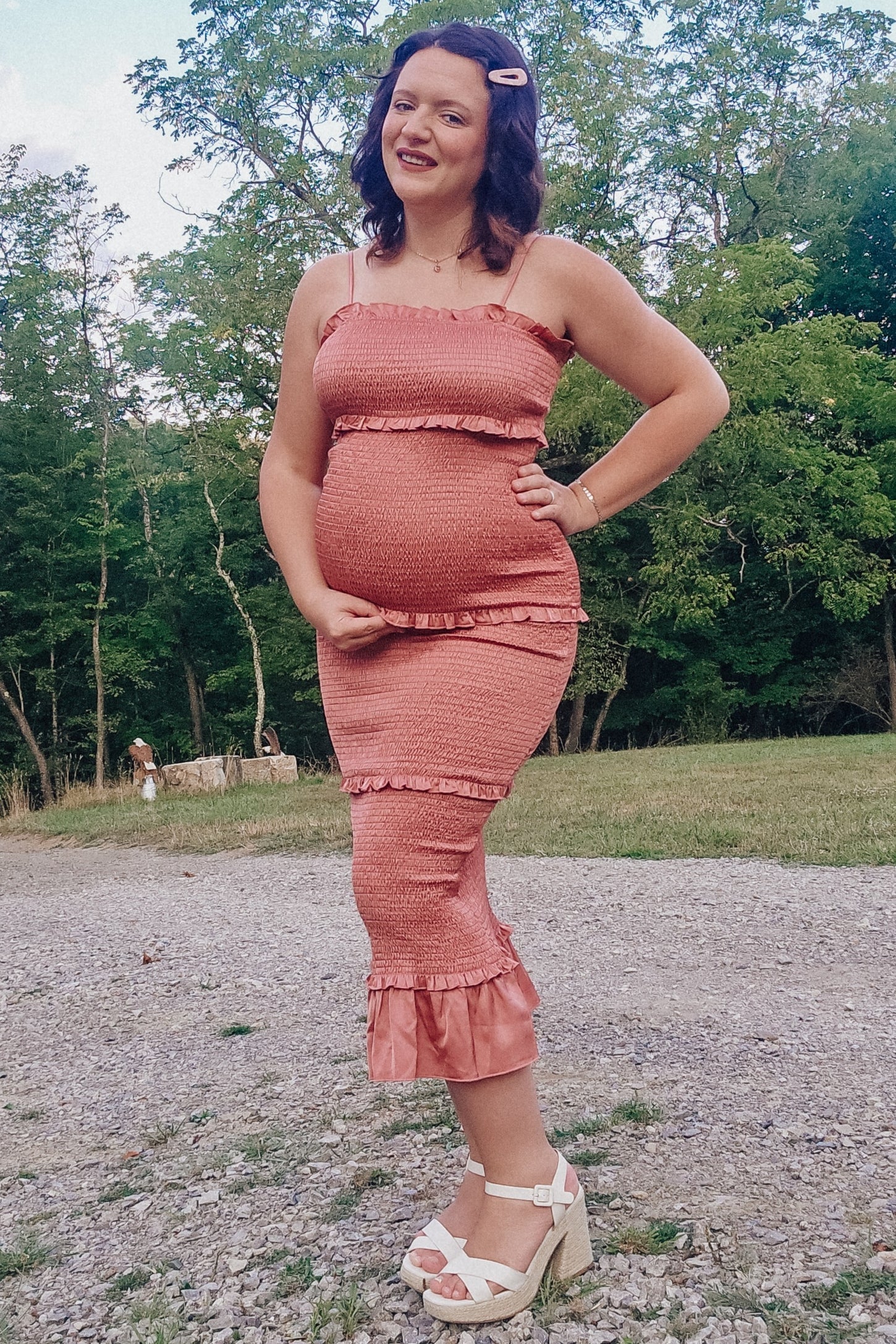Mauve Satin Smocked Fitted Maternity Midi Dress PinkBlush Mauve Satin Smocked Fitted Maternity Midi Dress PinkBlush