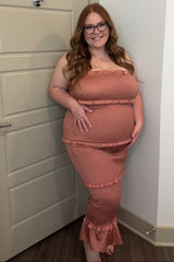 Mauve Satin Smocked Fitted Maternity Midi Dress