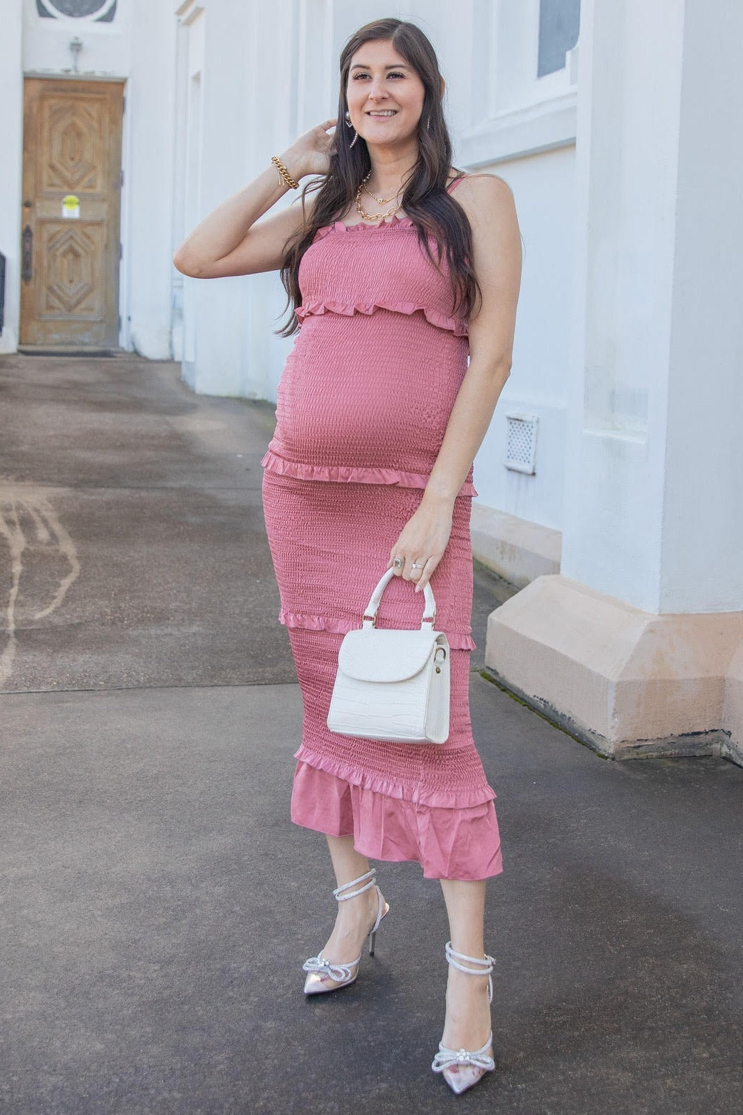 PinkBlush Mauve Satin Smocked Fitted Maternity Midi Dress Medium PinkBlush Mauve Satin Smocked Fitted Maternity Midi Dress Medium