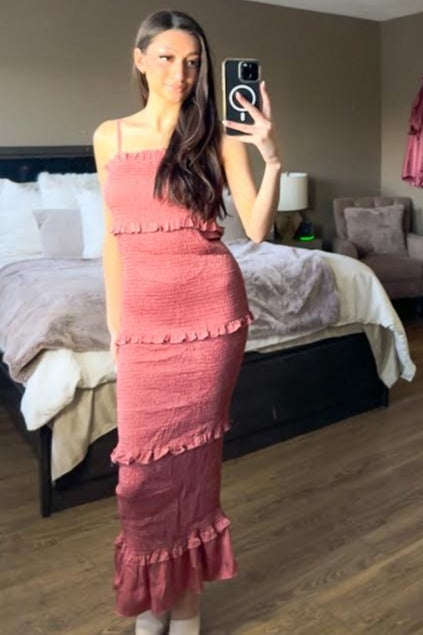 Mauve Satin Smocked Fitted Midi Dress