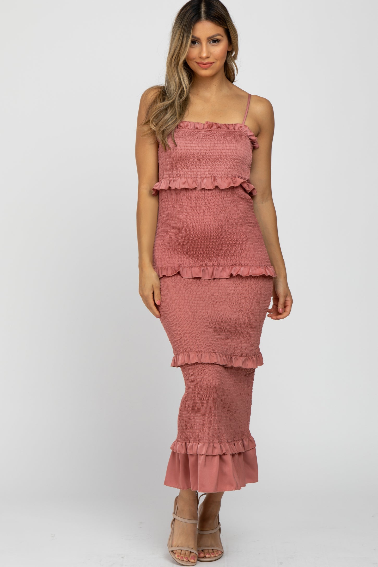 Mauve Satin Smocked Fitted Midi Dress