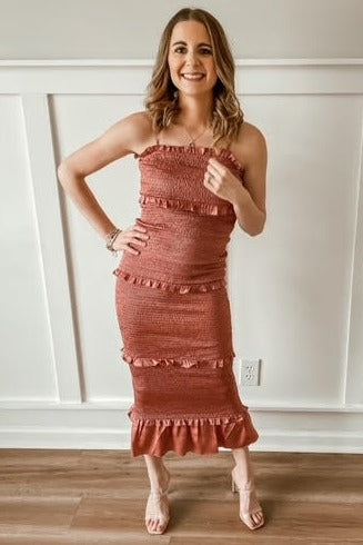 Mauve Satin Smocked Fitted Midi Dress