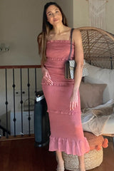 Mauve Satin Smocked Fitted Midi Dress