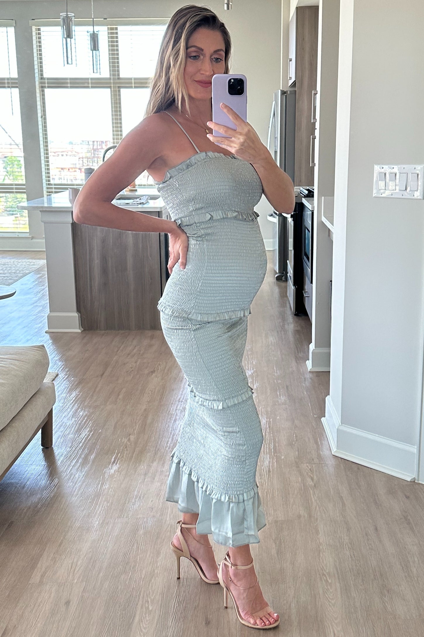 Sage Satin Smocked Fitted Maternity Midi Dress PinkBlush Sage Satin Smocked Fitted Maternity Midi Dress PinkBlush