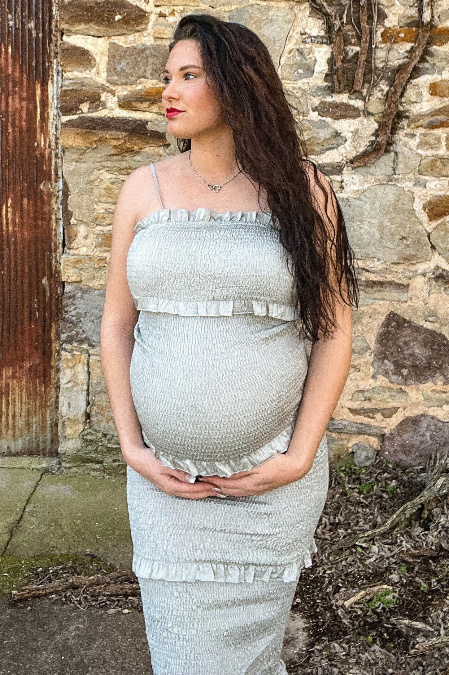 Sage Satin Smocked Fitted Maternity Midi Dress PinkBlush Sage Satin Smocked Fitted Maternity Midi Dress PinkBlush