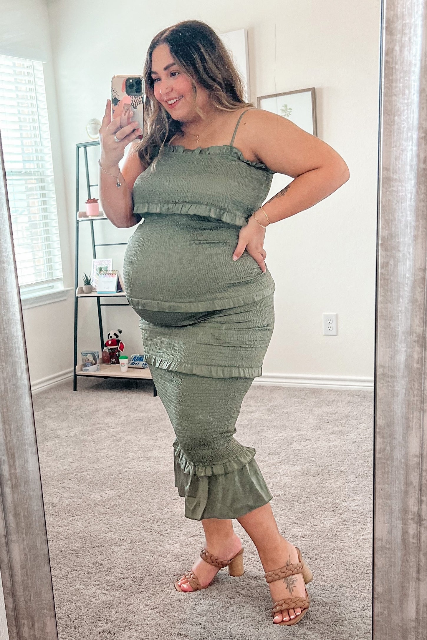 Olive Satin Smocked Fitted Maternity Midi Dress PinkBlush Olive Satin Smocked Fitted Maternity Midi Dress PinkBlush