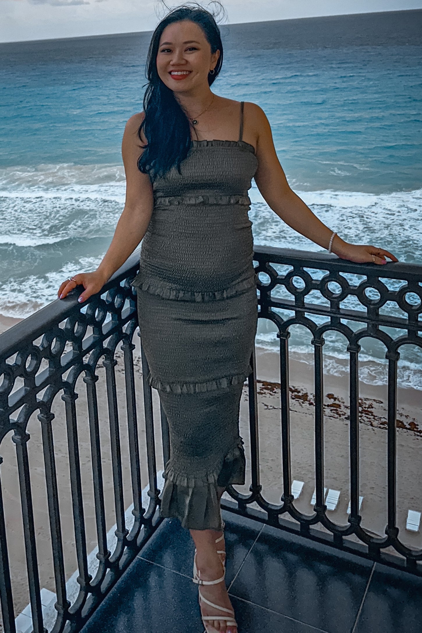 Olive Satin Smocked Fitted Maternity Midi Dress