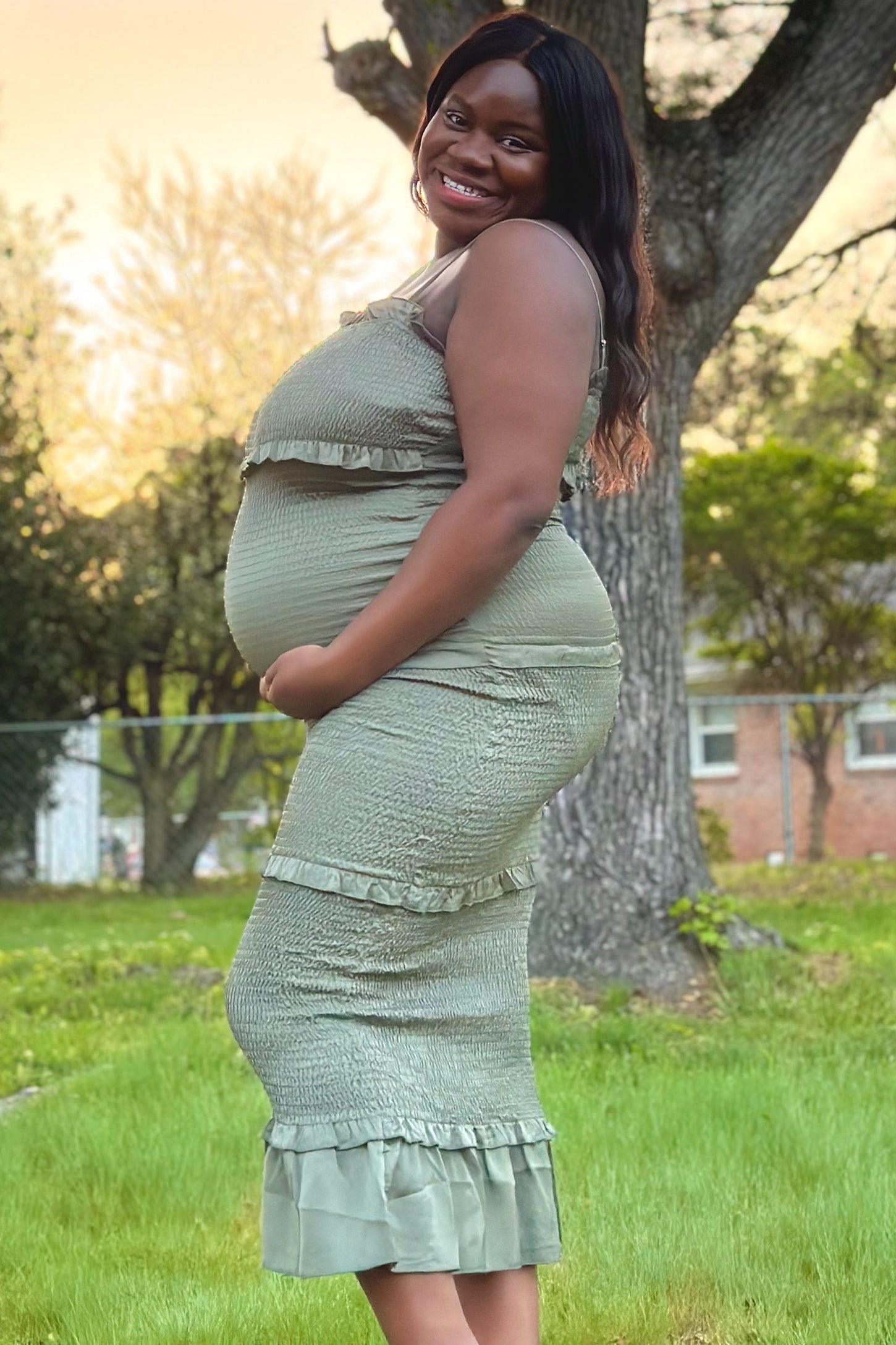 Olive Satin Smocked Fitted Maternity Midi Dress