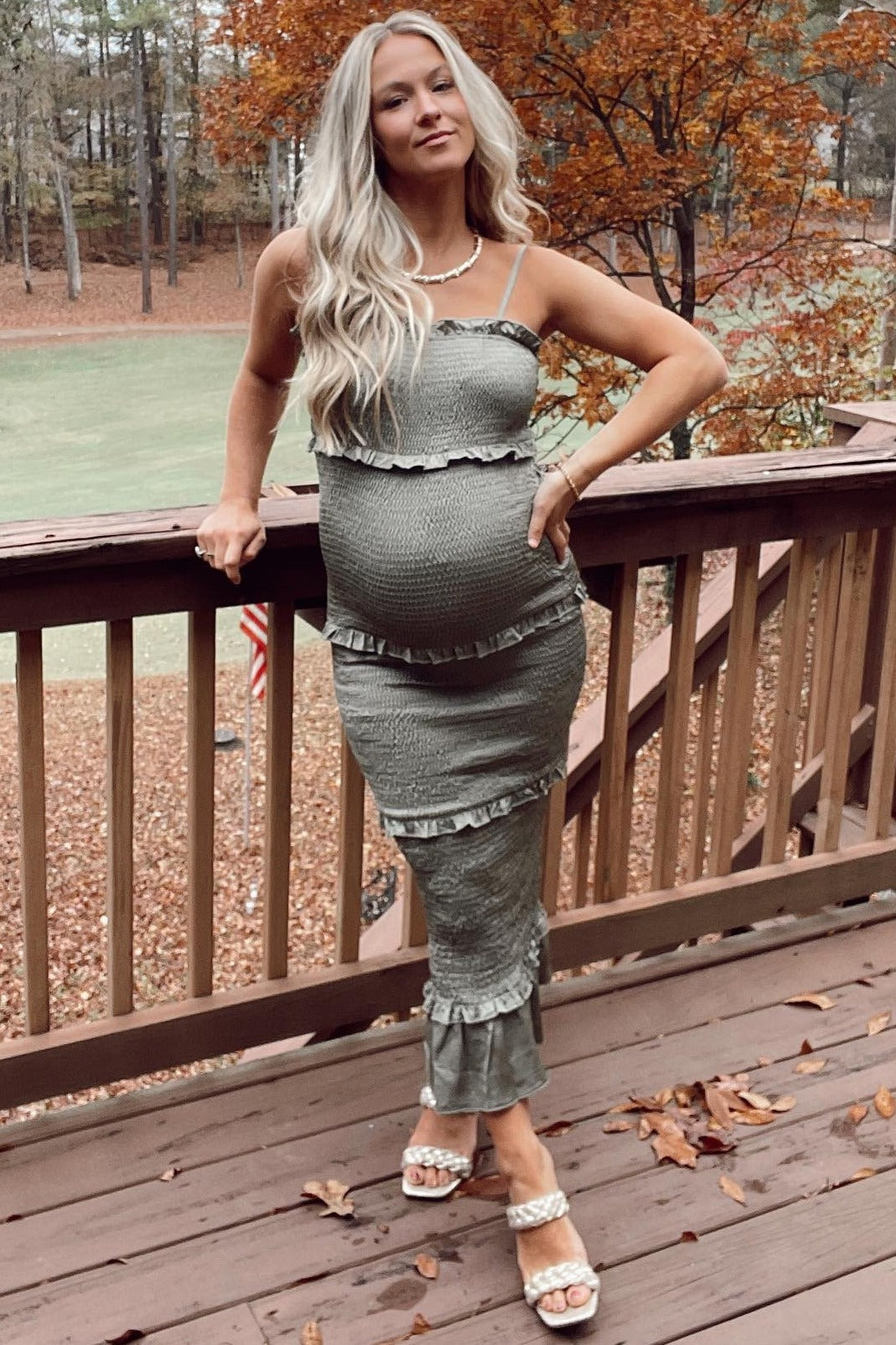 Pinkblush Olive Satin Smocked Fitted Maternity Midi Dress Small Pinkblush Olive Satin Smocked Fitted Maternity Midi Dress Small