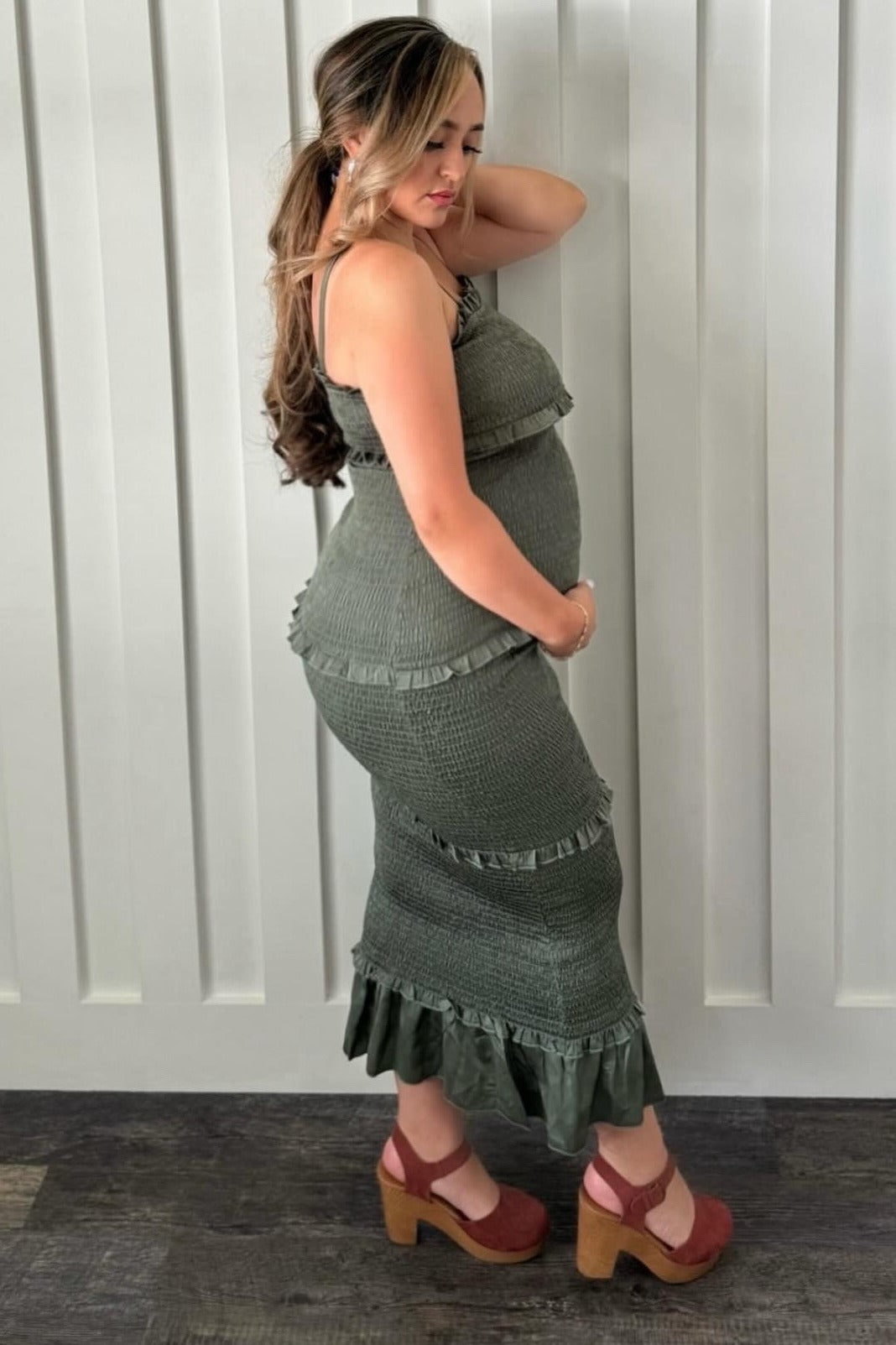 Pinkblush Olive Satin Smocked Fitted Maternity Midi Dress Small Pinkblush Olive Satin Smocked Fitted Maternity Midi Dress Small