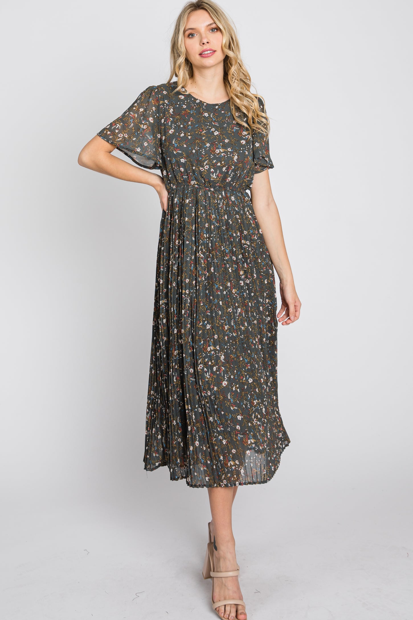 Teal Floral Pleated Chiffon Midi Dress