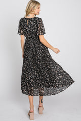 Black Floral Pleated Short Sleeve Chiffon Midi Dress