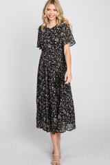 Black Floral Pleated Short Sleeve Chiffon Midi Dress