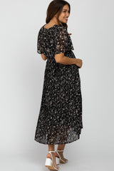 Black Floral Pleated Short Sleeve Chiffon Maternity Midi Dress
