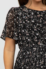 Black Floral Pleated Short Sleeve Chiffon Maternity Midi Dress