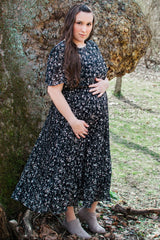 Black Floral Pleated Short Sleeve Chiffon Maternity Midi Dress