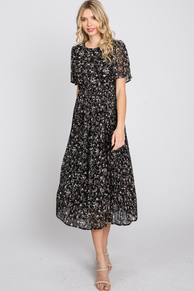 Black Floral Pleated Short Sleeve Chiffon Midi Dress PinkBlush Black Floral Pleated Short Sleeve Chiffon Midi Dress PinkBlush
