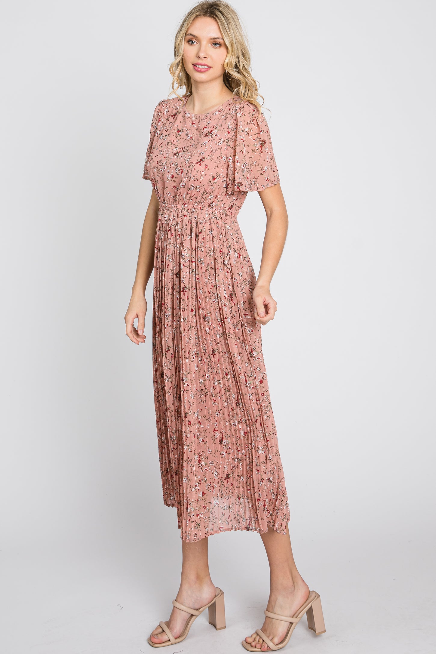 Light Pink Floral Pleated Short Sleeve Chiffon Midi Dress – PinkBlush