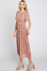 Light Pink Floral Pleated Short Sleeve Chiffon Midi Dress