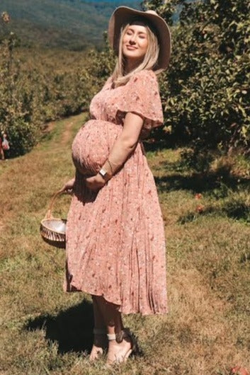 fashion maternity dresses Light Pink Floral Pleated Short Sleeve Chiffon Midi Dress White Sweetheart Chiffon Long Blackless high quality fabric 100% Color:Honey/Black