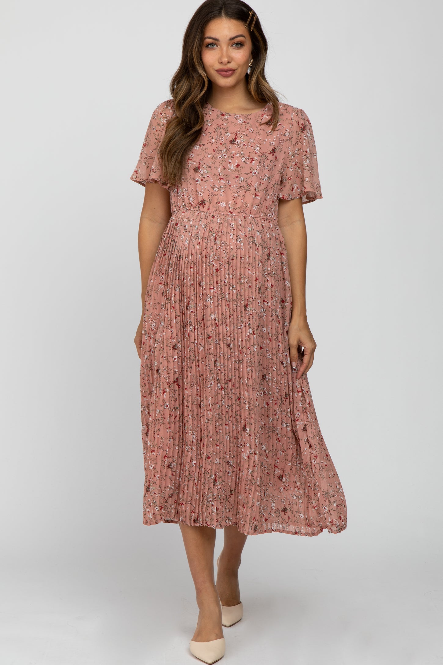 Light Pink Floral Pleated Short Sleeve Chiffon Maternity Midi Dress