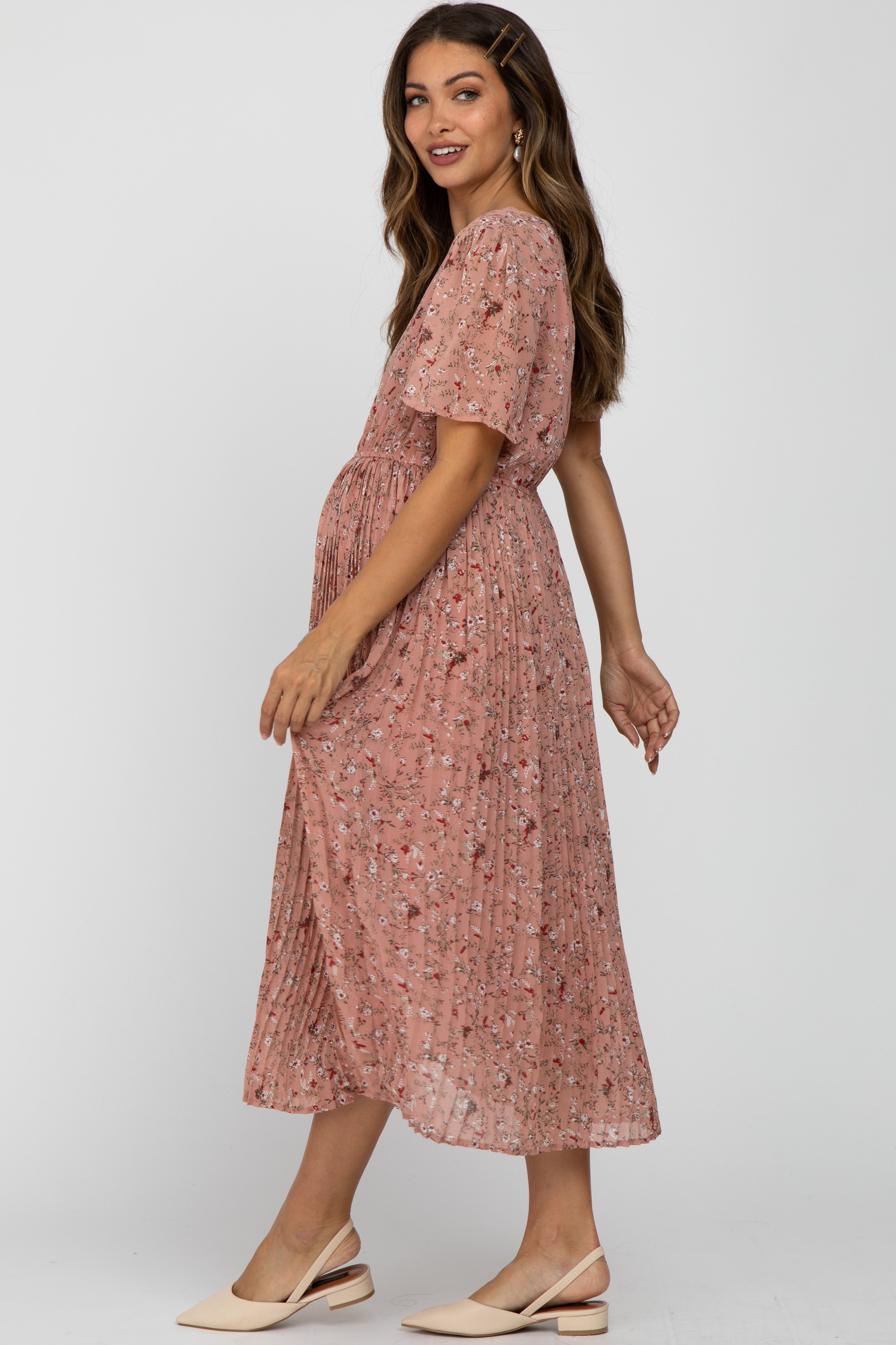 blush floral pleated ruffle midi dress Pink Floral Pleated Midi Dress PinkBlush
