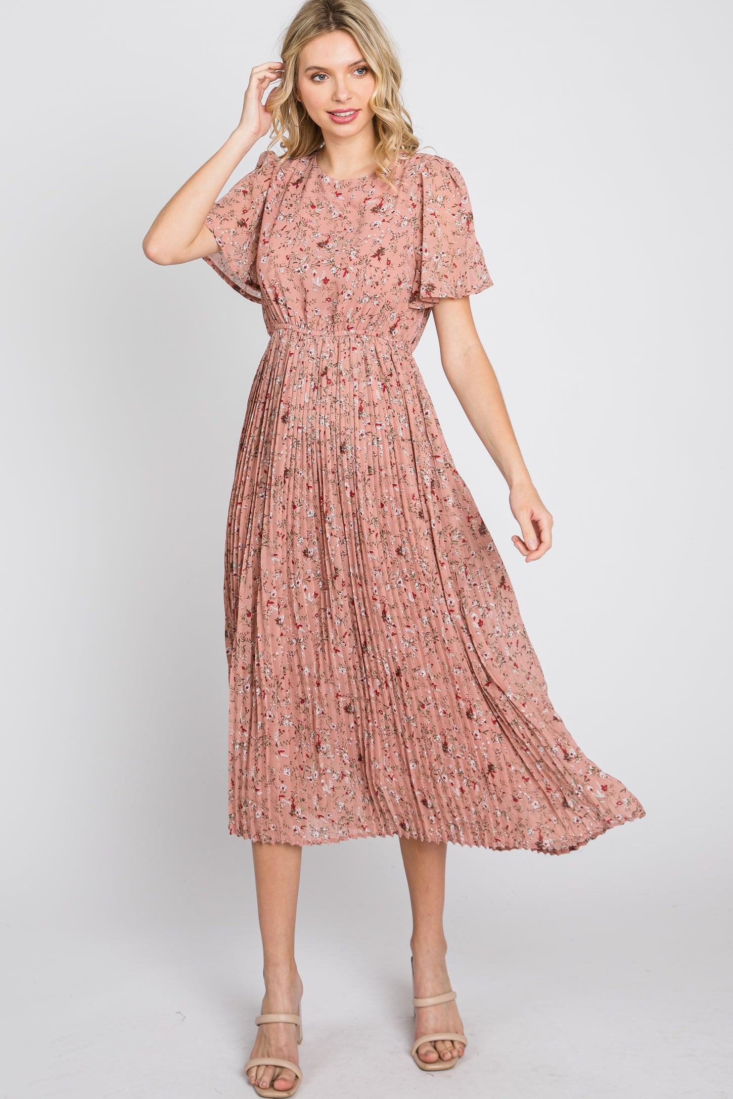 Light Pink Floral Pleated Short Sleeve Chiffon Midi Dress PinkBlush Light Pink Floral Pleated Short Sleeve Chiffon Midi Dress PinkBlush