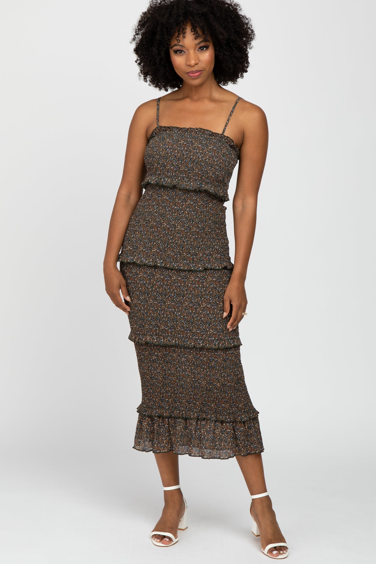 Forest Green Floral Print Smocked Fitted Maternity Midi Dress