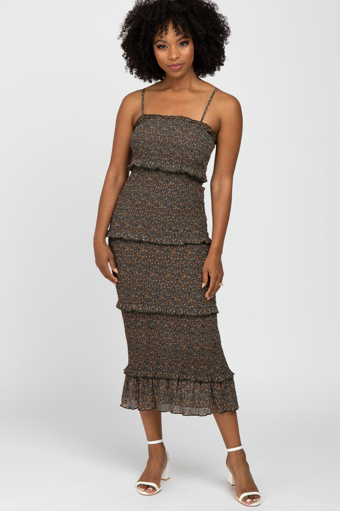 Forest Green Floral Print Smocked Fitted Maternity Midi Dress