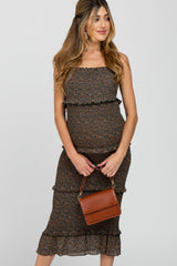 Forest Green Floral Print Smocked Fitted Maternity Midi Dress