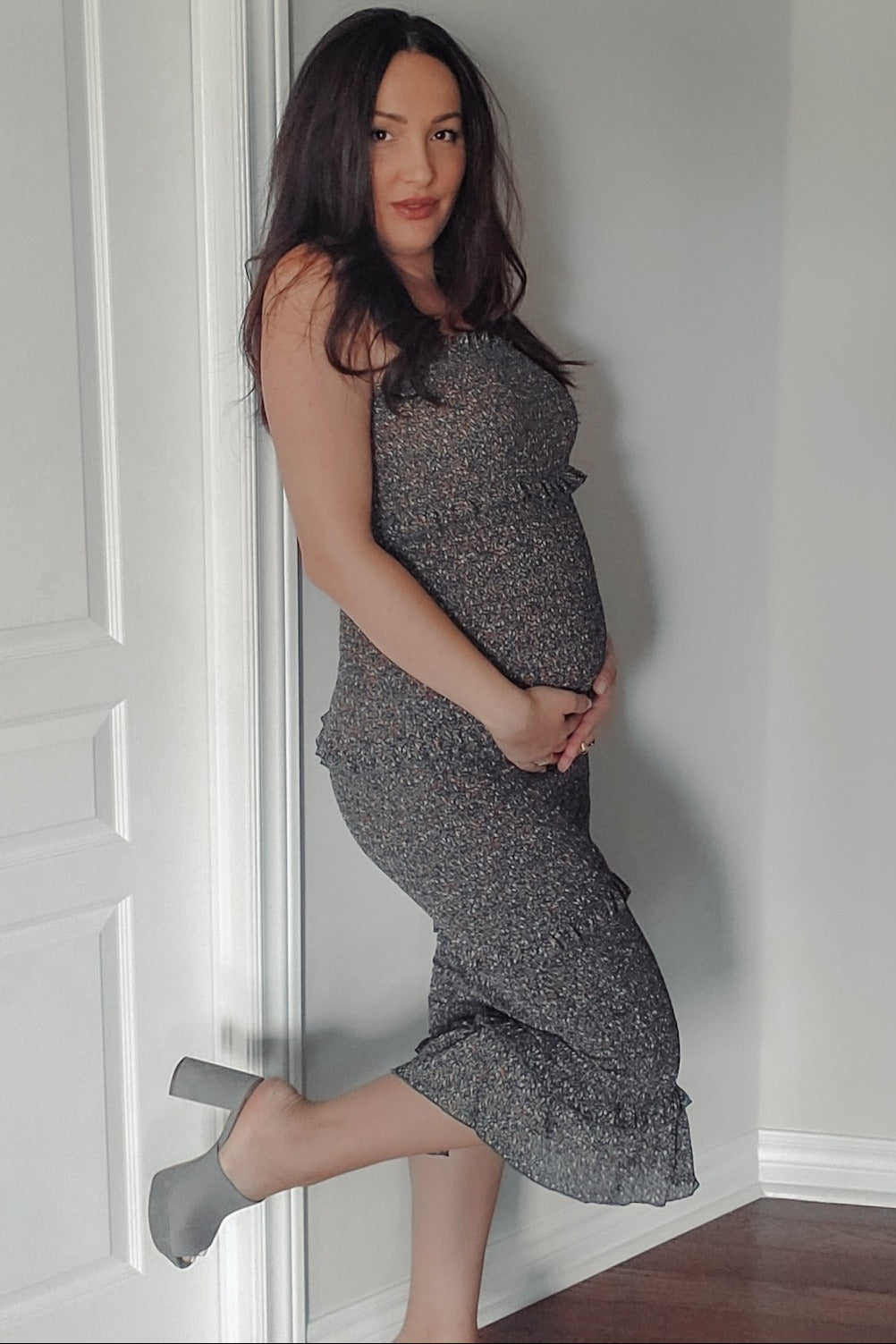 Forest Green Floral Print Smocked Fitted Maternity Midi Dress