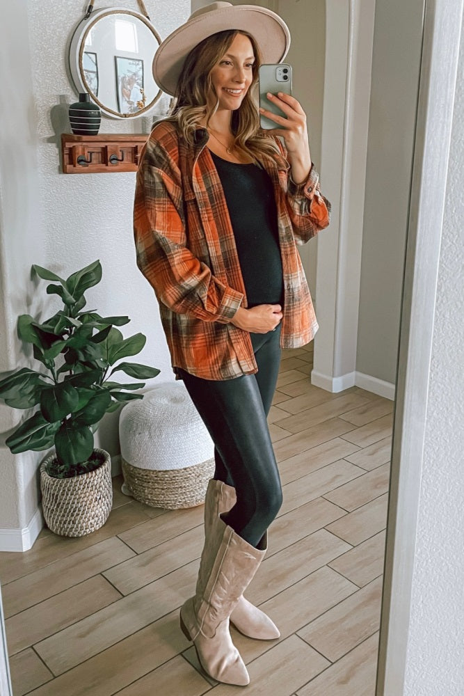 Rust Plaid Maternity Shacket – PinkBlush