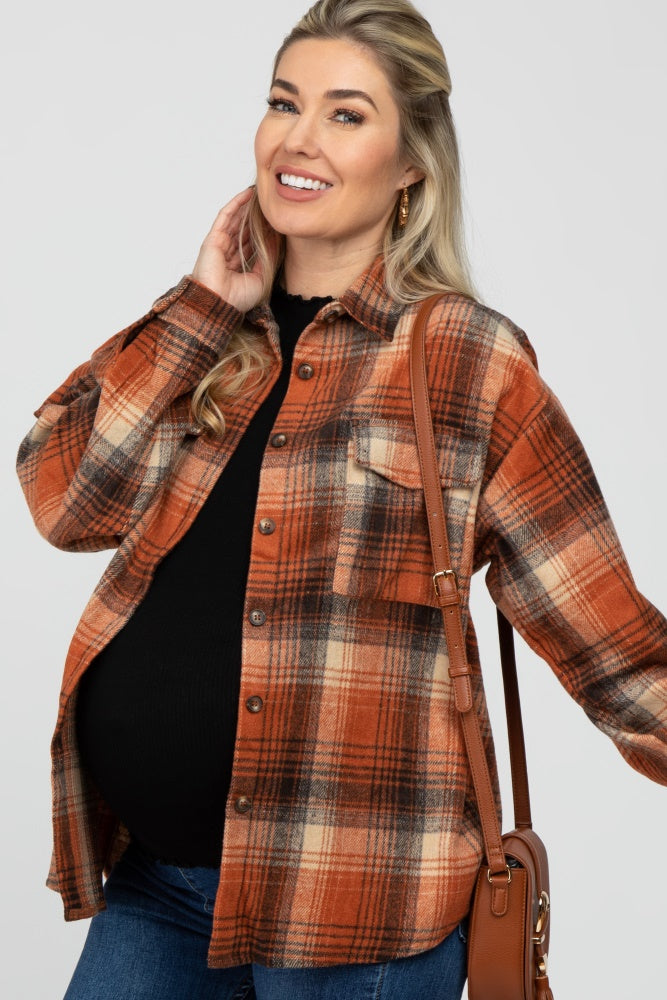 Rust Plaid Maternity Shacket – PinkBlush