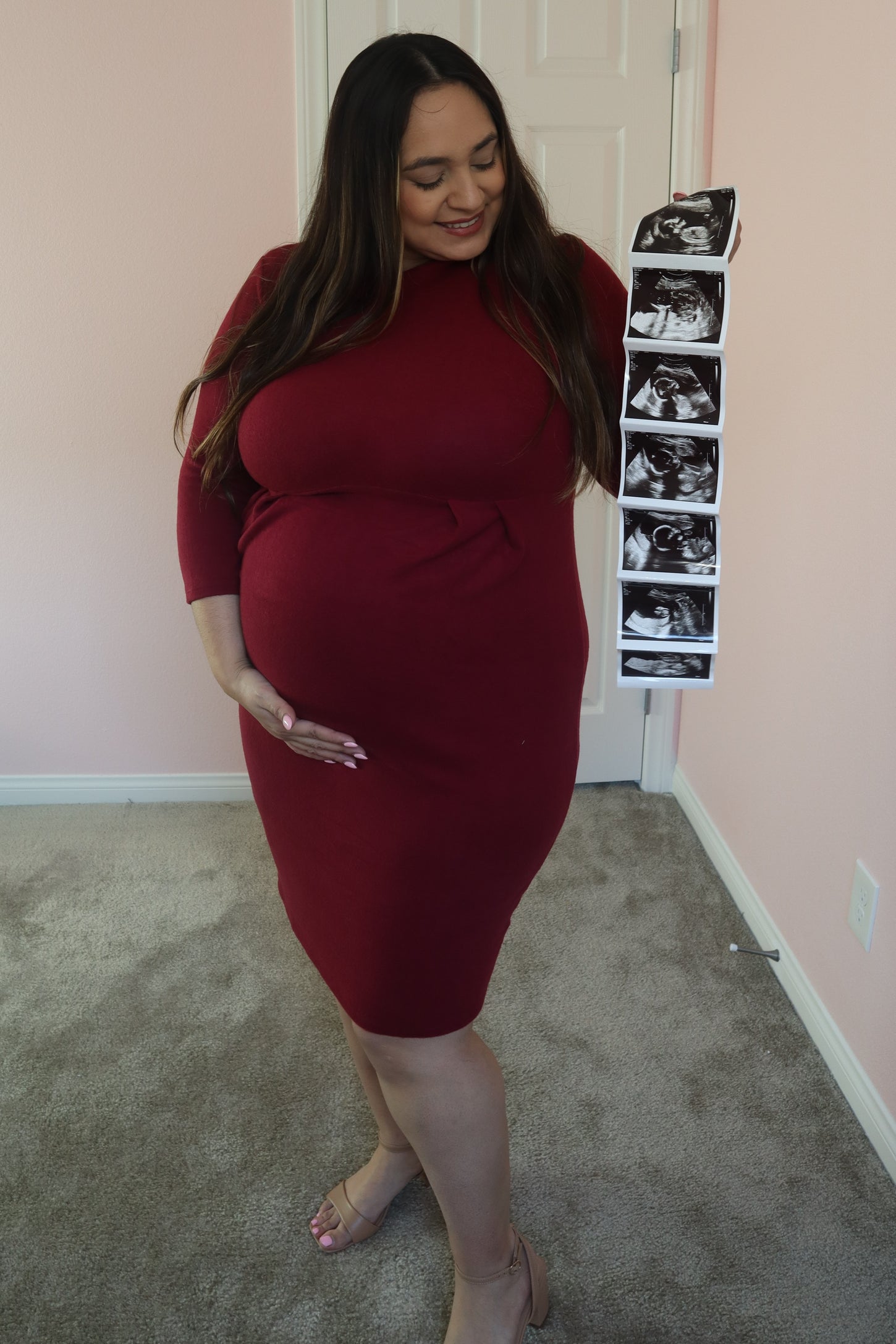Burgundy Brushed Mock Neck Fitted Maternity Dress