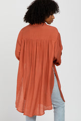 Rust Button Front Side Slit Oversized Blouse