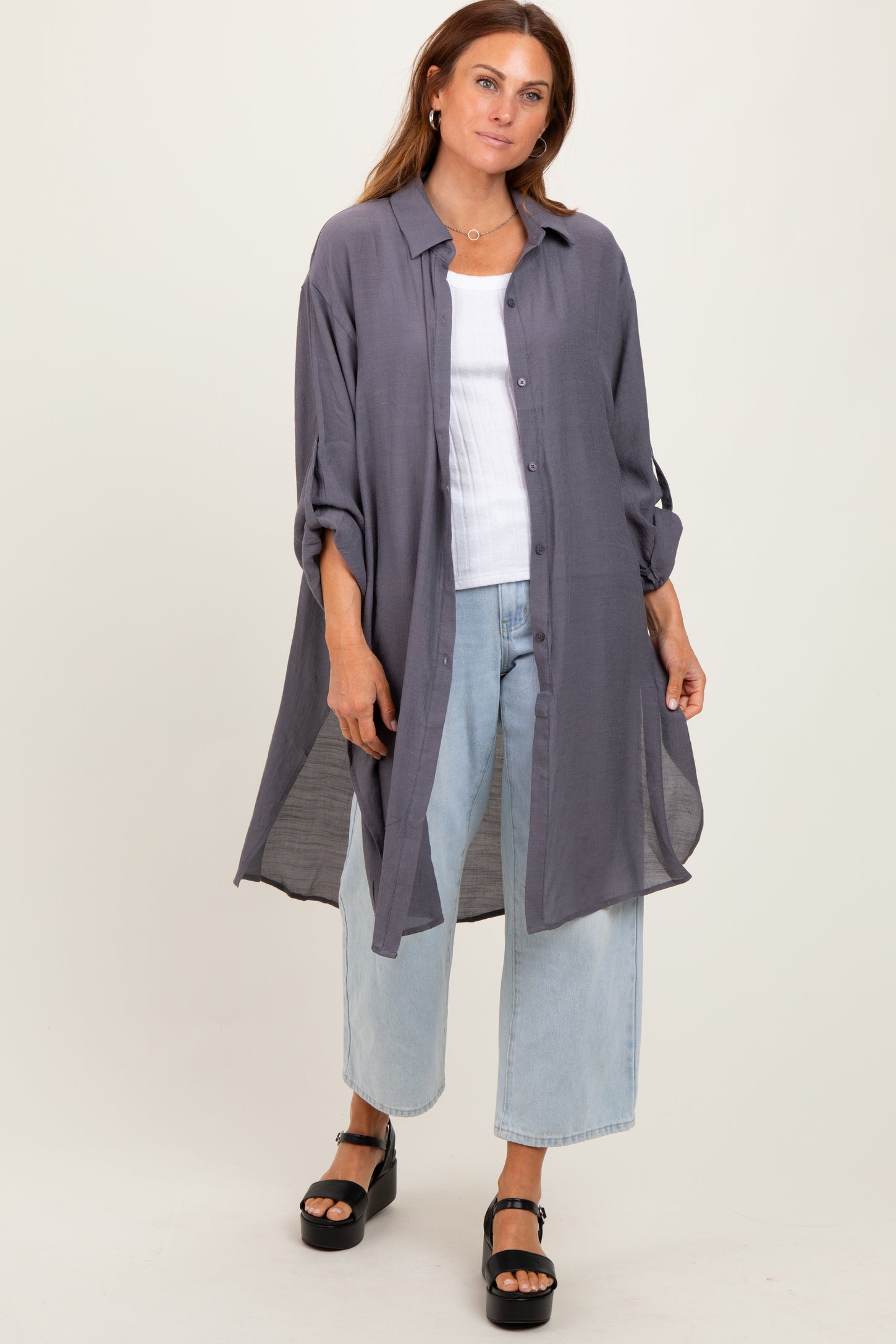 Charcoal Button Front Side Slit Oversized Maternity Blouse