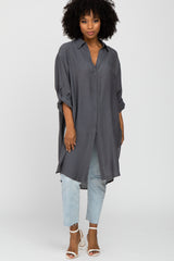 Charcoal Button Front Side Slit Oversized Maternity Blouse