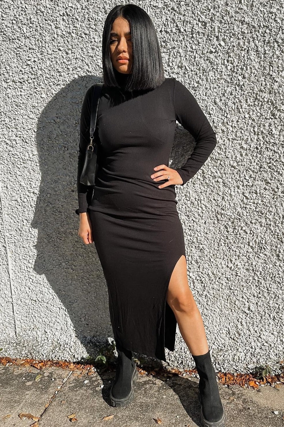 Black Ribbed Mock Neck Side Slit Maxi Dress